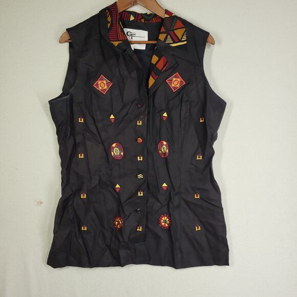 Vtg Gary Fabrikant Vest Womens Sz 14 100% Silk Black Aztec Art To Wear RN 76678 - Picture 9 of 13